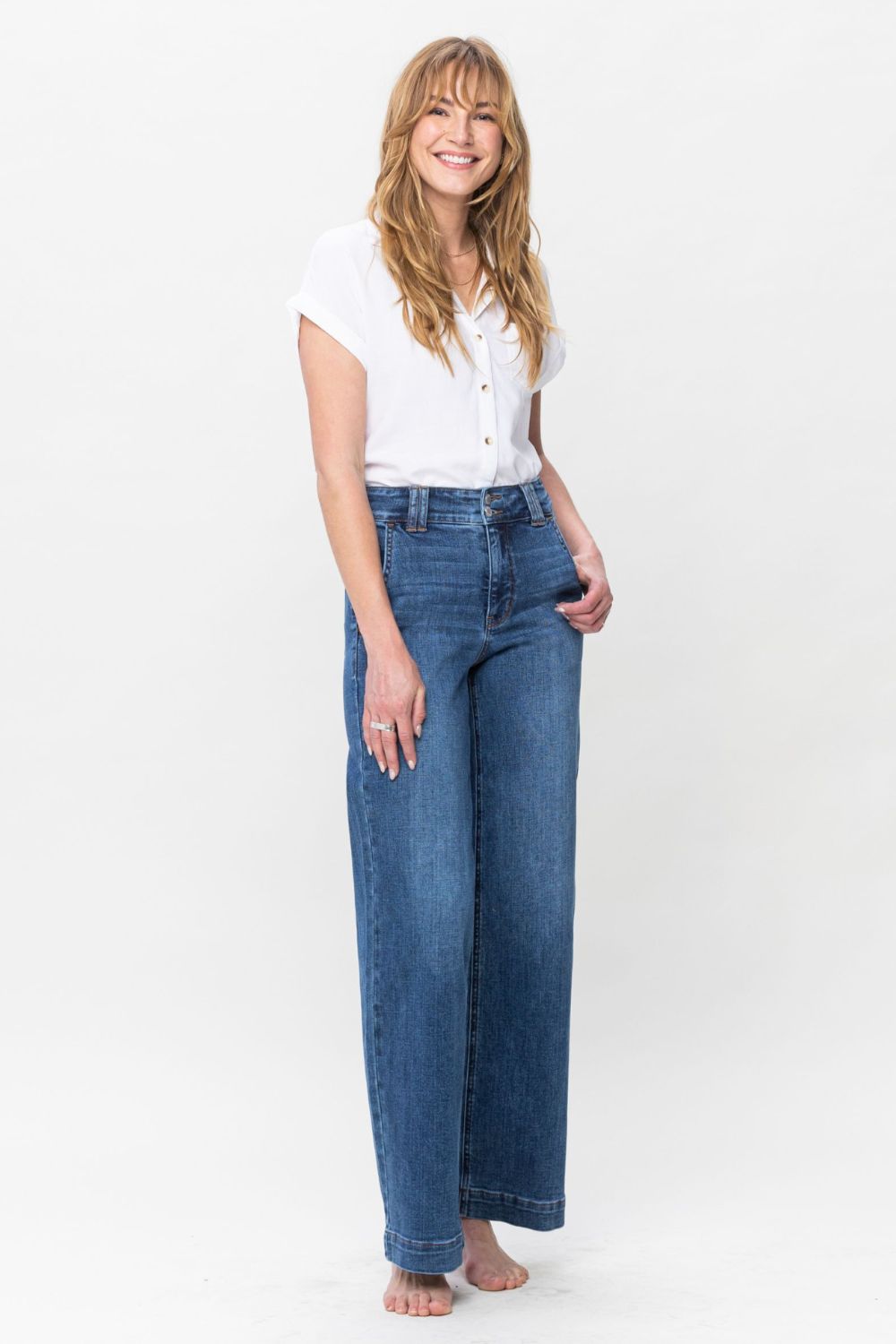 Judy Blue Double Button Wide Leg Medium Washed Jeans Trendsi