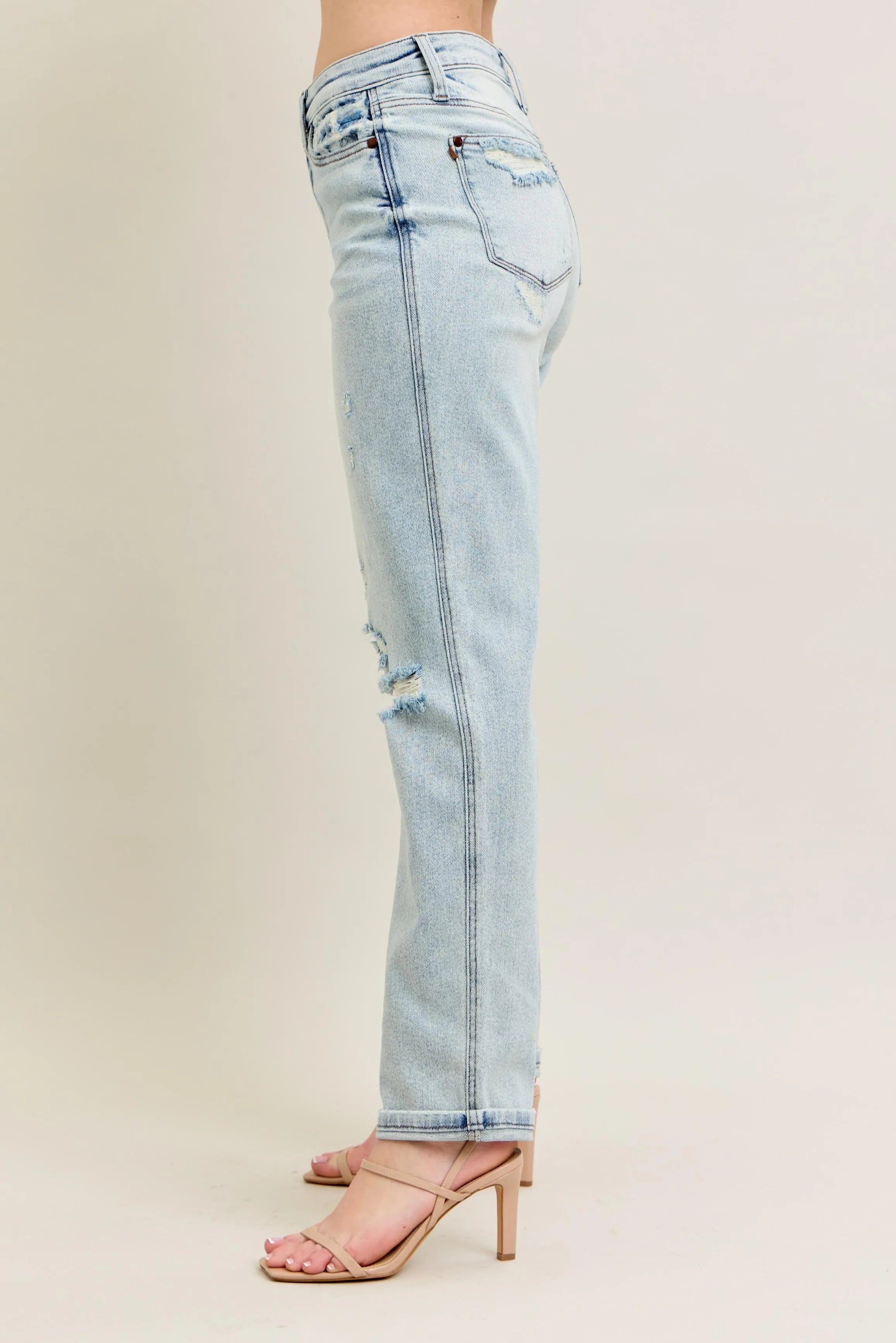 Judy Blue Midrise Repair Stitch Detail Destroy Single Cuff Boyfriend Jeans