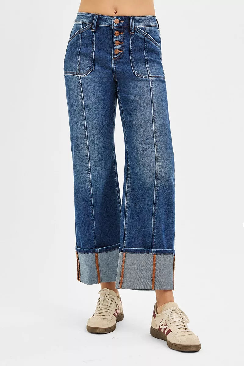 RISEN Dark Washed High Rise Crop Wide Straight Cuffed Jeans