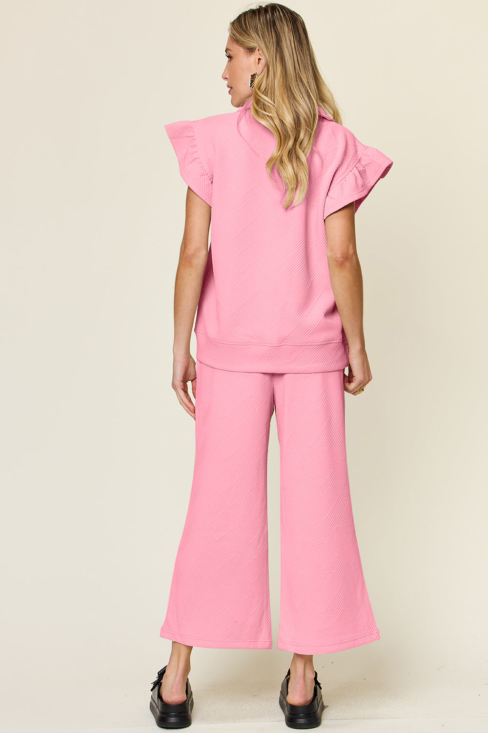 Double Take Quilted Textured Ruffle Short Sleeve Top and Drawstring Wide Leg Pants Set Trendsi