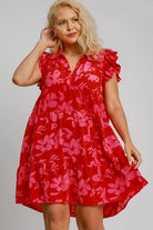 Umgee Red Floral Print Ruffle Cap Sleeve Tiered Dress