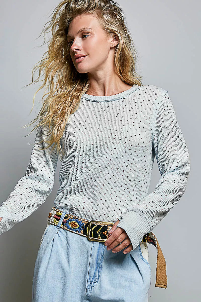 POL Ribbed Knit Floral Crew Neck Long Sleeve Top PALE BLUE