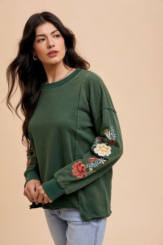 Annie Wear Black Forest Embroidered Long Sleeve French Terry Top