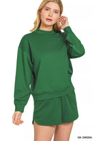 Zenana Scuba Long Sleeve Sweatshirt and Shorts Set DK GREEN