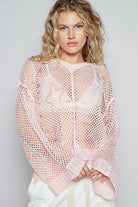 POL Blush Pink Star Openwork Long Sleeve Hooded Knit Cover Up Blush Pink