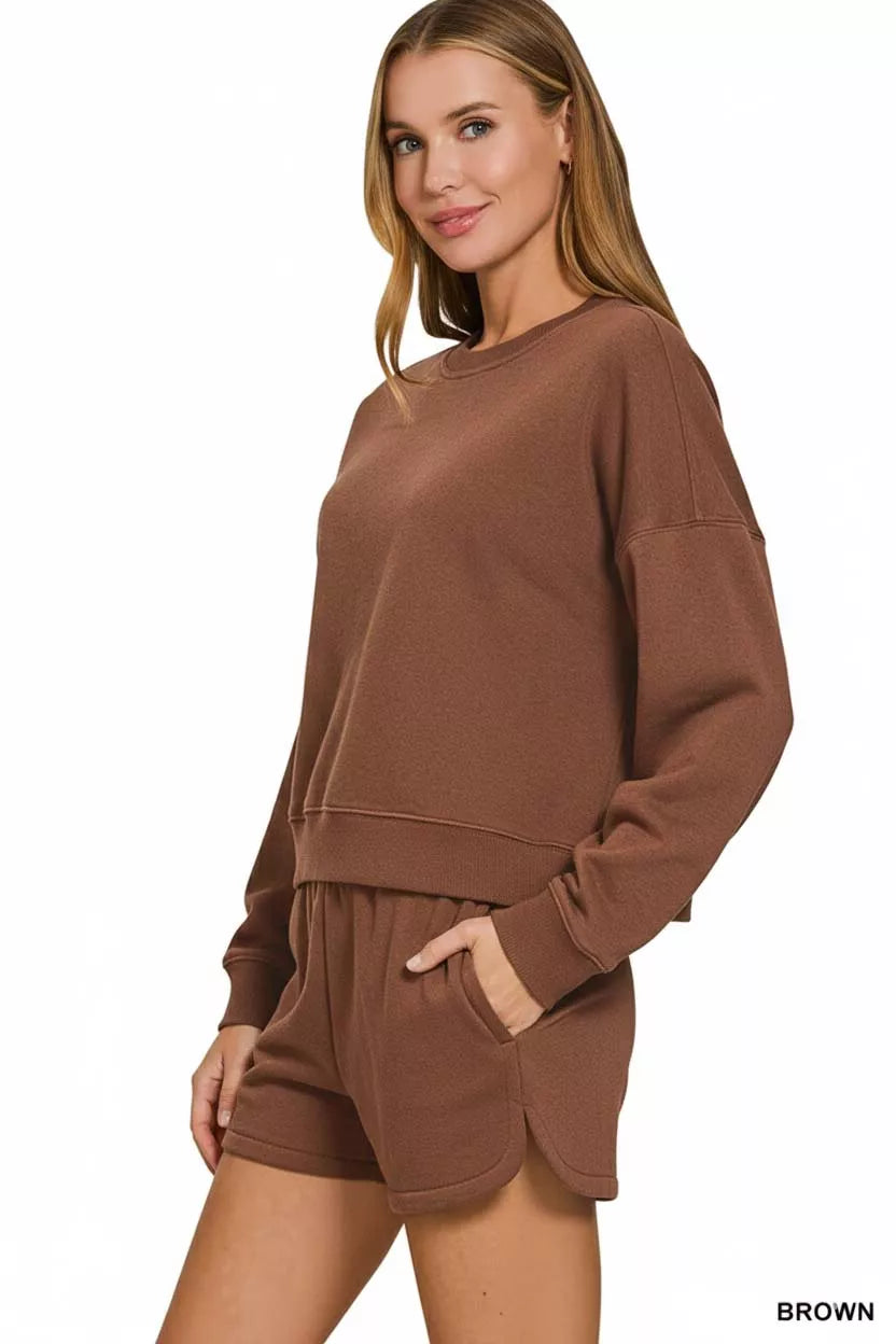 Zenana Brown Fleece Long Sleeve Sweatshirts and Shorts Set