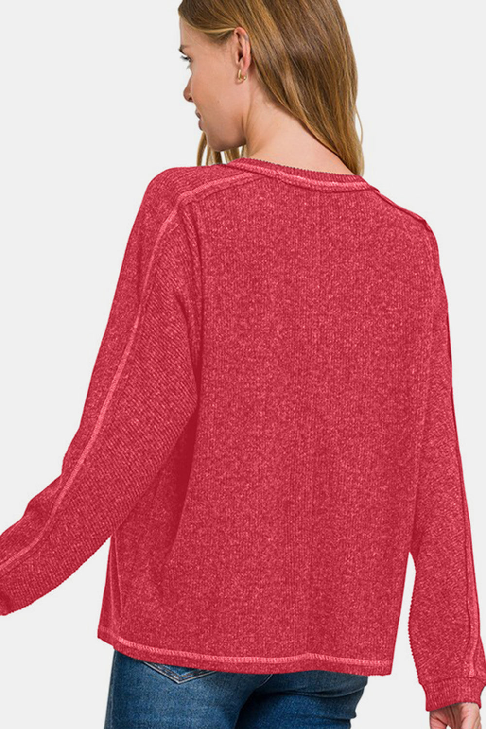 Zenana Red Contrast Stitching Brushed Ribbed Hacci Knit Top