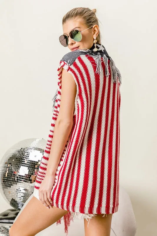 BiBi American Flag Fringe Edged Sweater Vest