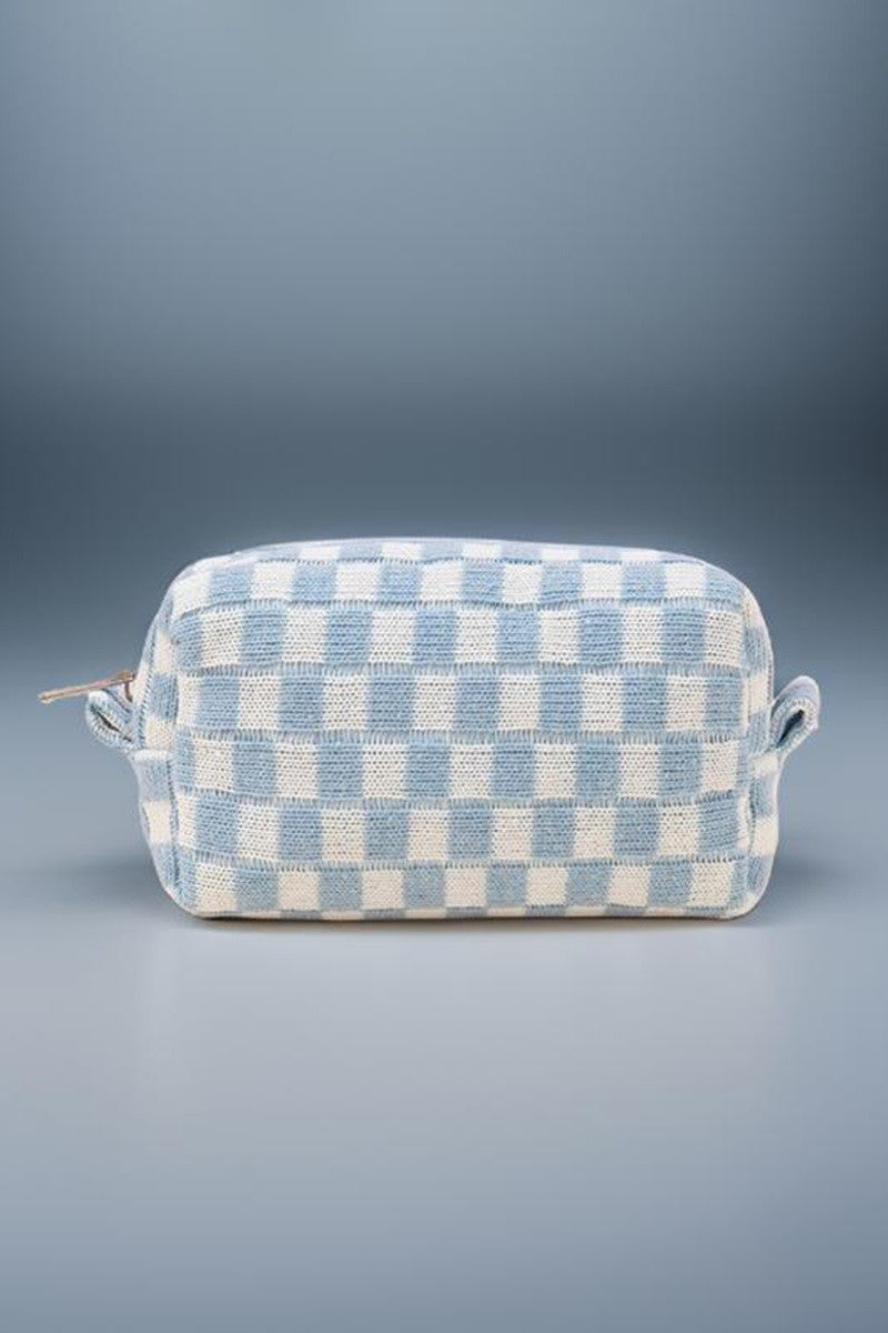 Zenana - 6 Colors- Checkered Pattern Knitted Cosmetic Pouch Blue One Size