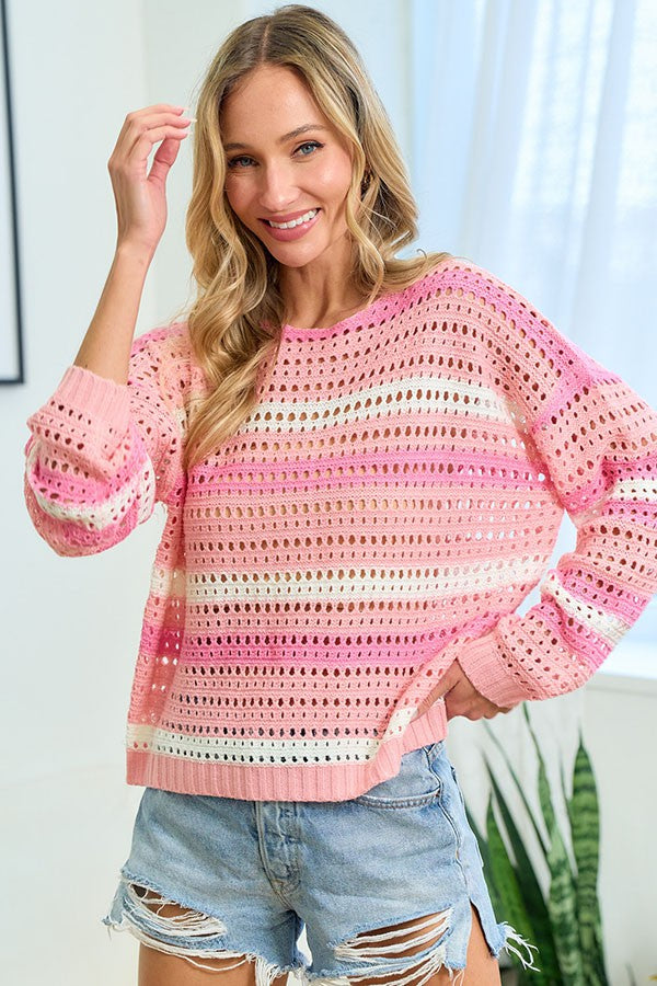 First Love Pink Striped Long Sleeve Openwork Knit Top Pink Trendsi