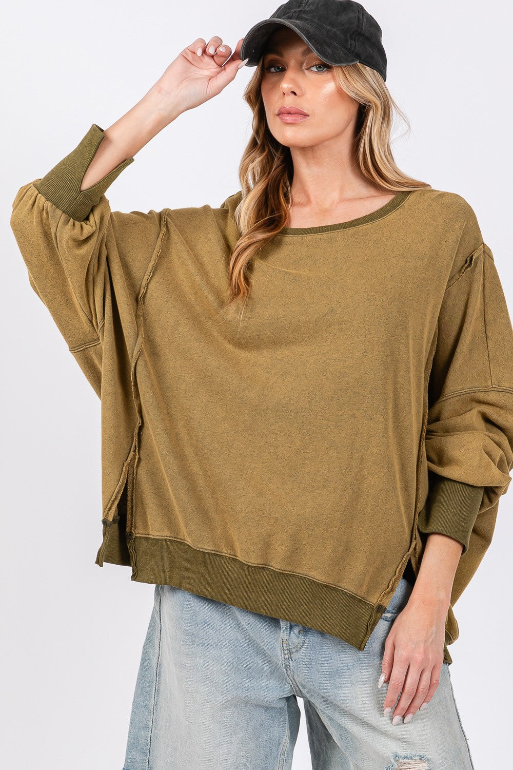 SAGE + FIG Olive Mineral Washed Side Slit Oversized Sweatshirt Olive Trendsi