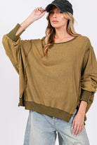 SAGE + FIG Olive Mineral Washed Side Slit Oversized Sweatshirt Olive Shirts & Tops