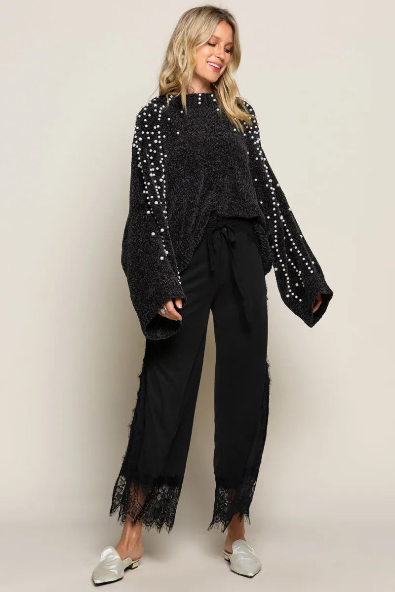 POL Black Oversized Pearl Embellished Sweater