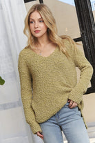 ADORA Yellow-Green High-Low Side Slit V-Neck Sweater