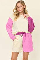 Double Take: 6 Colors: Quilted Textured Color Block Contrast Long Sleeve Drop Shoulder Top and Shorts Set Loungewear