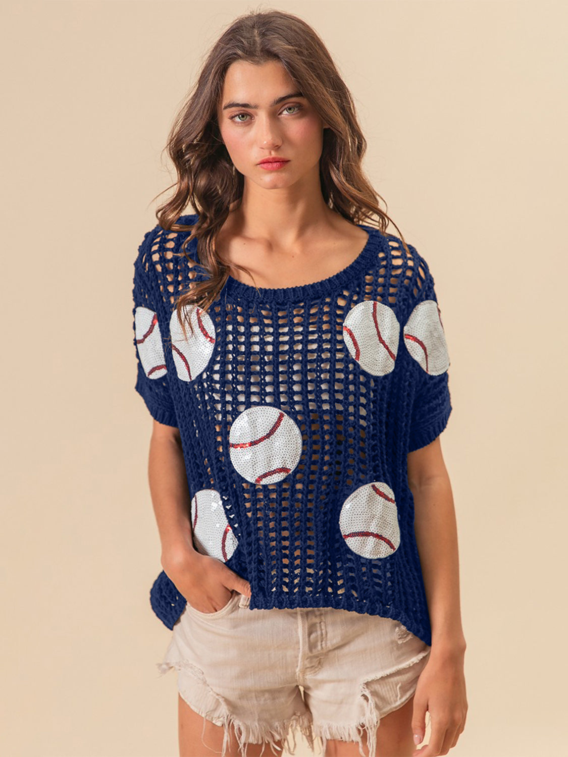 BiBi Baseball Patch Short Sleeve Net Cover-Up in Deep Navy Trendsi