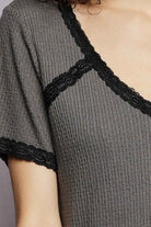 POL Charcoal Lace Detail V-Neck Short Sleeve Textured T-Shirt