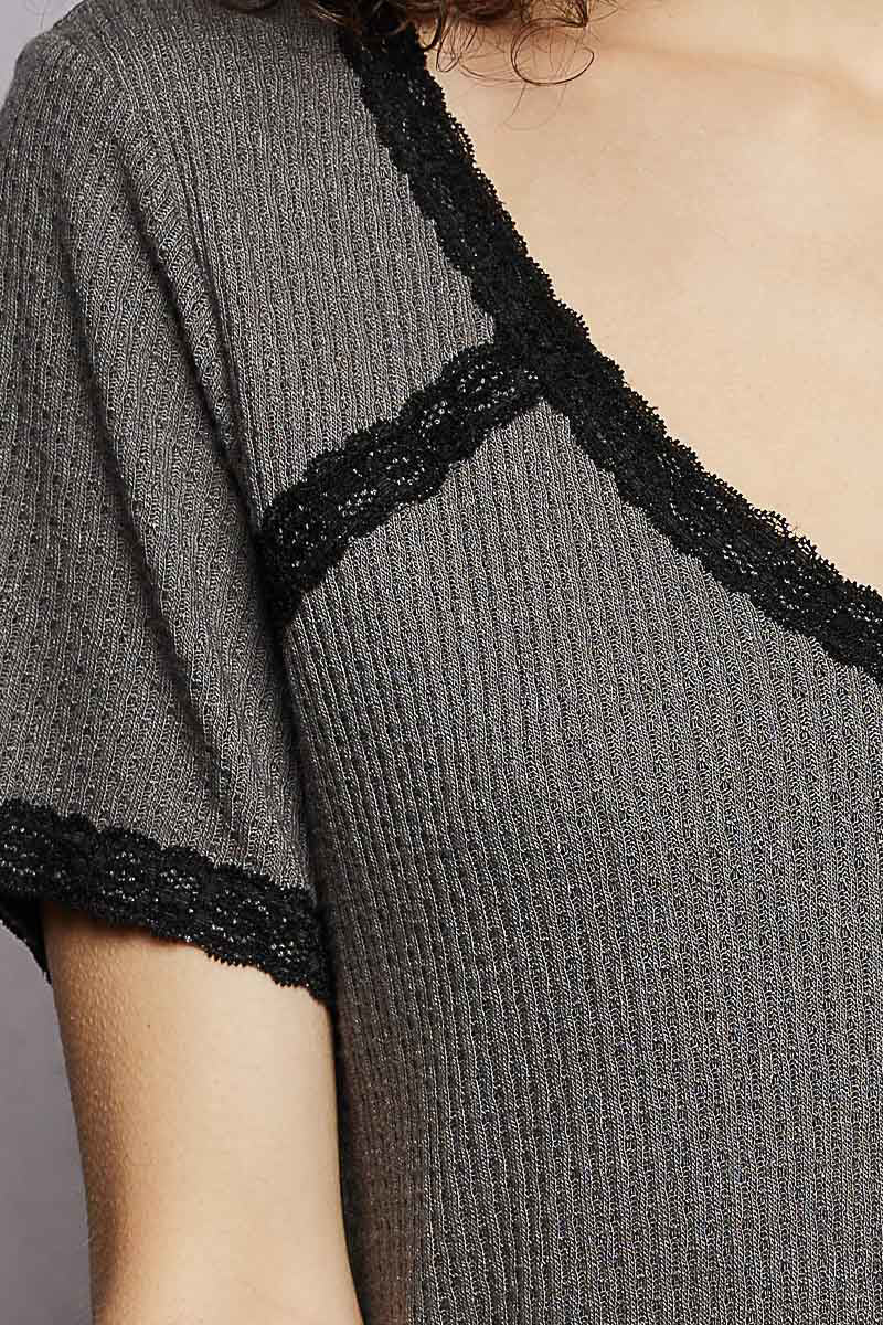 POL Charcoal Lace Detail V-Neck Short Sleeve Textured T-Shirt