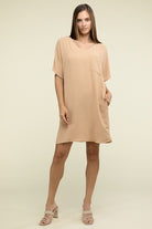 Zenana Woven Airflow V Neck T-Shirt Dress with Pockets ZENANA