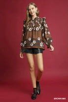 Umgee Brown Mix Floral Smocked Ruffle Blouse