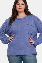 Zenana Blue Contrast Stitching Brushed Ribbed Hacci Knit Top Shirts & Tops