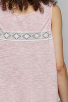 POL Blush Pink Lace Trim Ruffle Hem Button Detail Round Neck Sleeveless Top