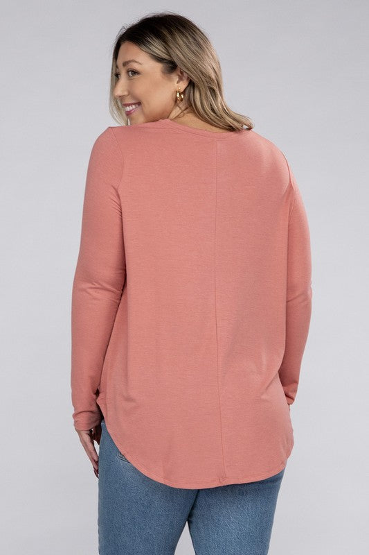 Zenana Plus Long Sleeve Round Neck Round Hem Top ZENANA