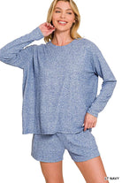 Zenana Light Navy Soft Melange Long Sleeve Tee and Shorts Set LT NAVY