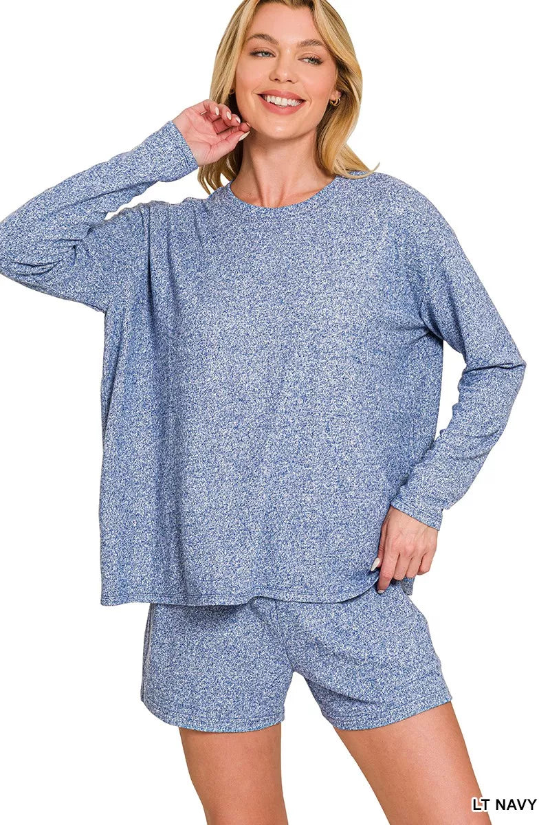 Zenana Light Navy Soft Melange Long Sleeve Tee and Shorts Set LT NAVY