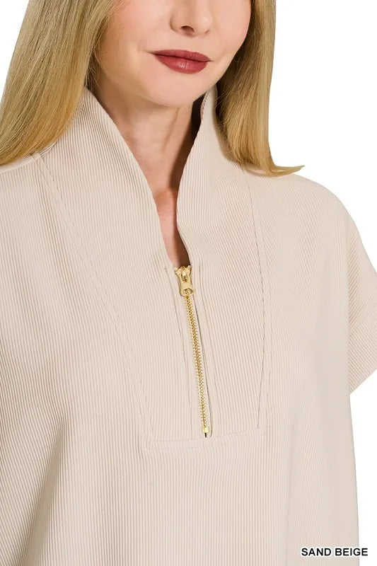 Zenana Sand Beige Ribbed High Neck Half Zip Top
