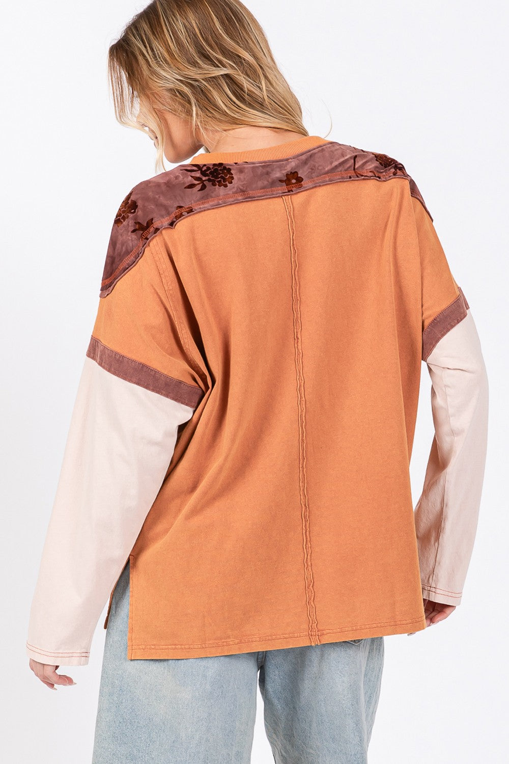 SAGE + FIG Rust Star Patch Long Sleeve Color Block T-Shirt Trendsi