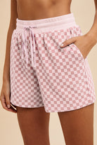 Annie Wear Blush Checkered Round Neck Top and Drawstring Shorts Set