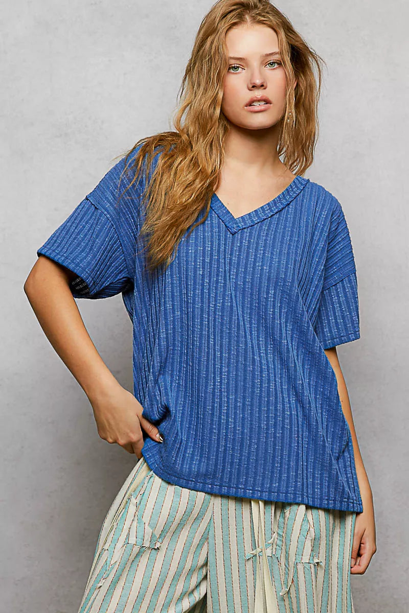 POL Cobalt Blue Ribbed Knit V-Neck Short Sleeve T-Shirt with Side Slit COBALT BLUE