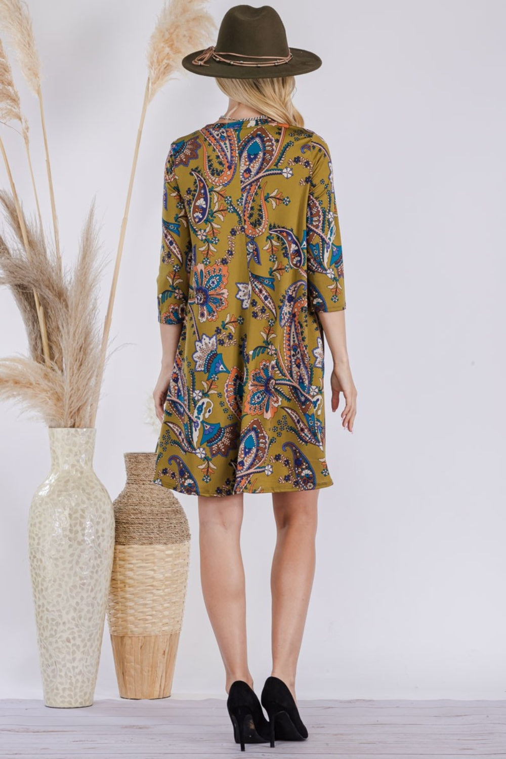 Celeste Olive Paisley Print Round Neck Dress with Pockets Trendsi