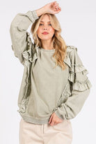Mittoshop Sage Ruffled Mineral Washed Round Neck Long Sleeve Sweatshirt