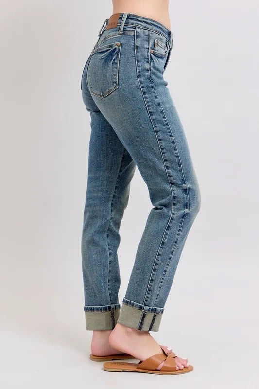 Judy Blue Mid Rise Vintage Wash Double Roll Cuff Boyfriend Jeans