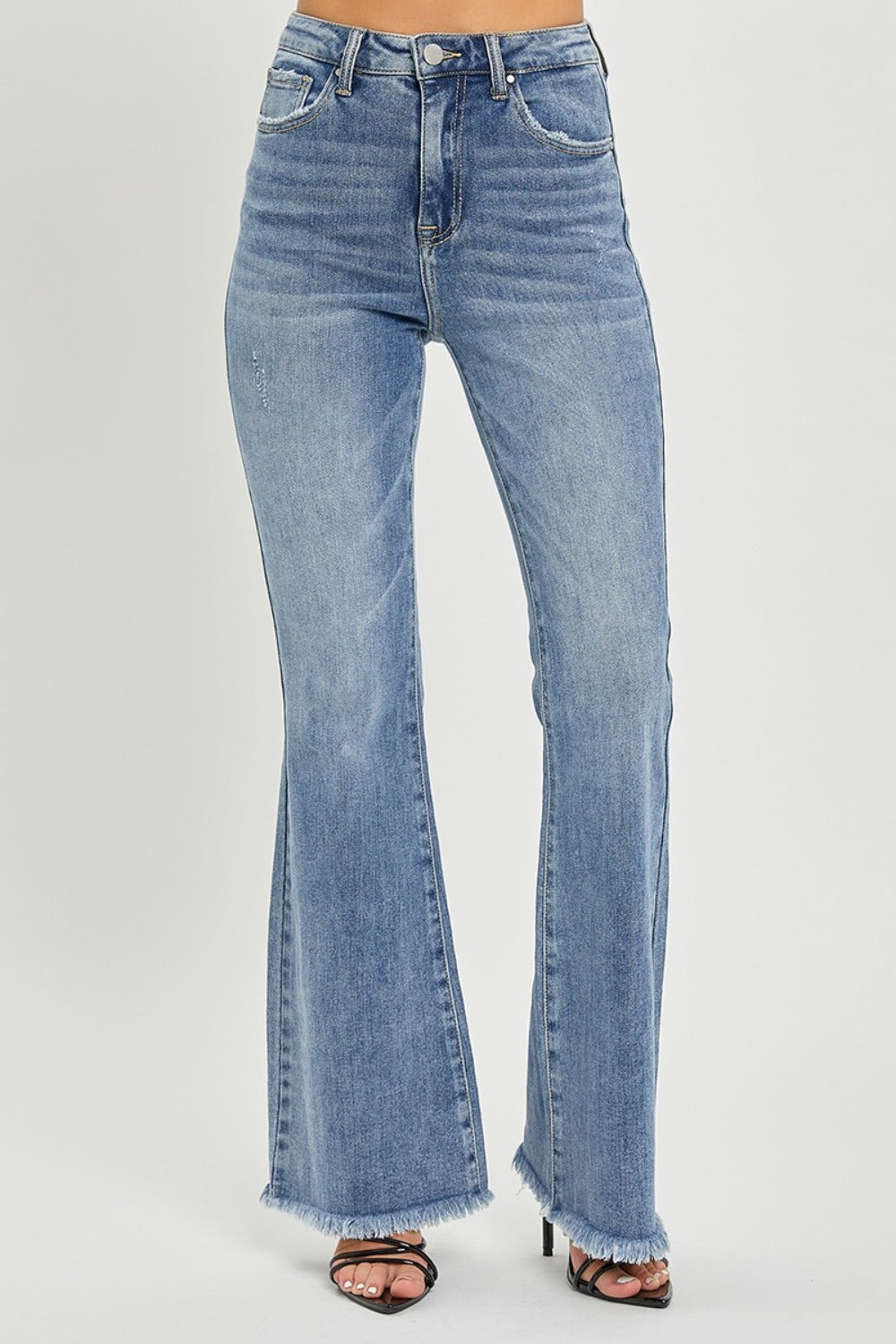 RISEN Medium Washed High Waist Raw Hem Flare Jeans Trendsi