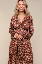 Haptics Taupe/Rust Satin Leopard Tiered Maxi Dress