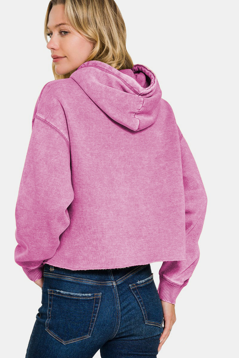 Zenana Mauve Acid Wash Fleece Cropped Hoodie Shirts & Tops