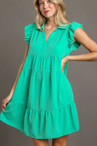 Umgee Full Size Johnny Collar Ruffle Cap Sleeve Tiered Dress Plus Size Jade Green