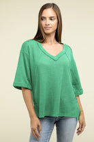 Zenana Brushed Waffle Exposed-Seam 3/4 Sleeve Top Shirts & Tops