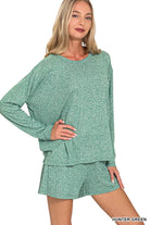 Zenana Hunter Green Soft Melange Long Sleeve Tee and Shorts Set HUNTER GREEN
