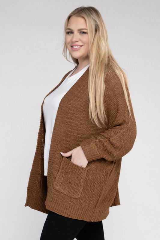 eesome Plus Size Ribbed Knit Open Front Cardigan eesome