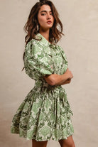BiBi Tied Floral Short Sleeve Mini Shirt Dress in Green & Cream