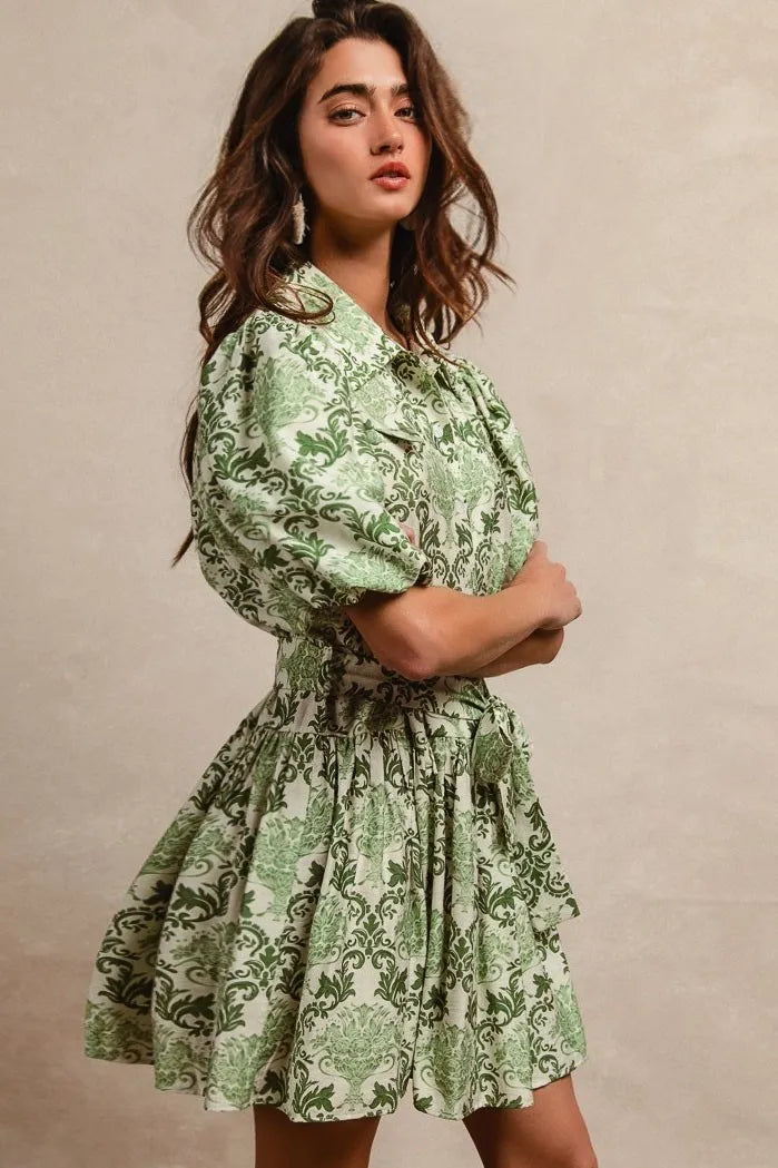BiBi Tied Floral Short Sleeve Mini Shirt Dress in Green & Cream