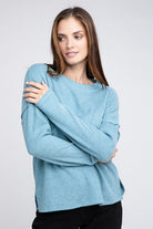 Zenana 4 Colors- Ribbed Brushed Melange Hacci Sweater with a Pocket DUSTY TEAL Shirts & Tops