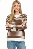 Zenana Brown Contrast Striped Round Neck Sweatshirt