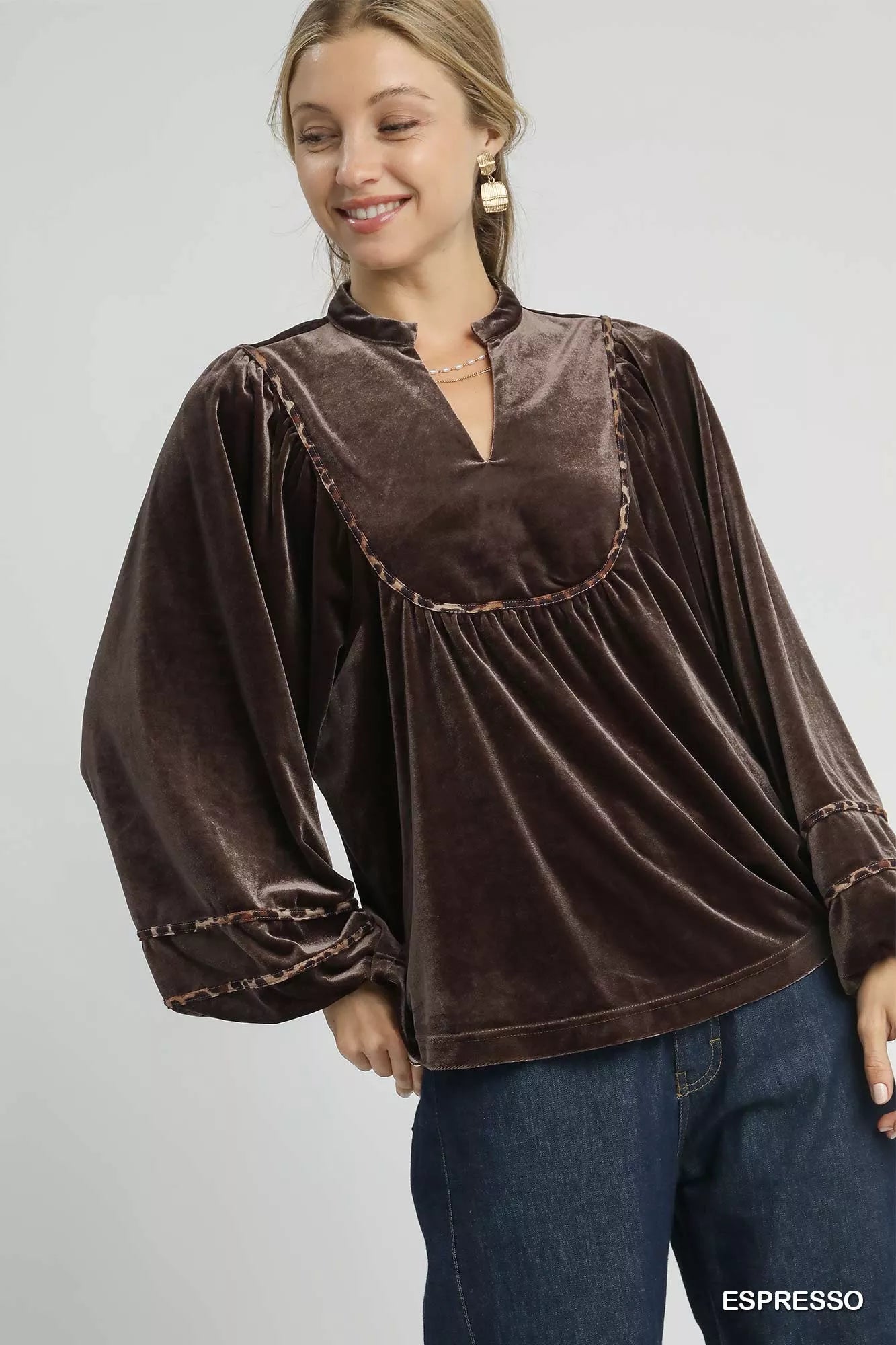 Umgee Espresso Velvet Long Sleeve Blouse with Leopard Contrast Trim ESPRESSO