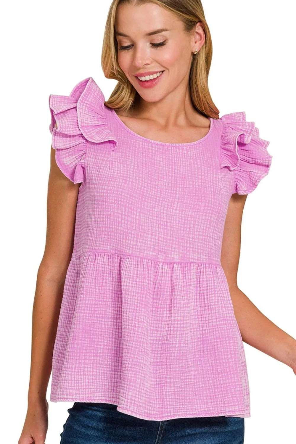 Zenana Mauve Double Gauze Acid Washed Tiered Ruffle Peplum Top MAUVE