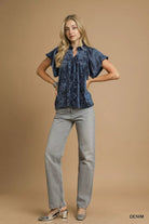 Umgee Denim Crushed Velvet Pleated Blouse